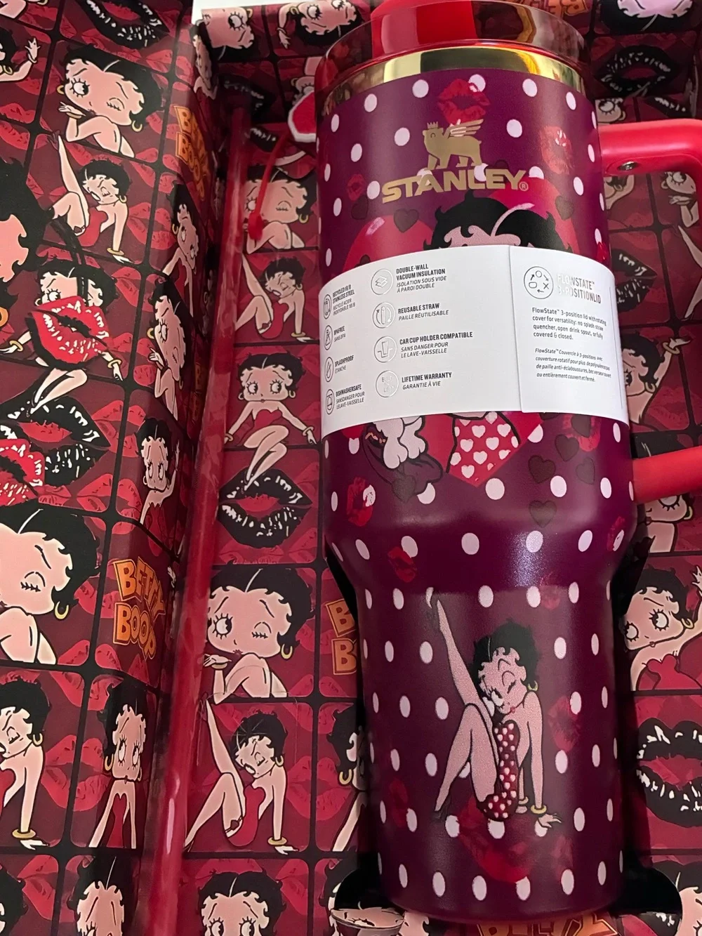 Stanley Betty Boop Burgundy Red Insulated Travel Mug tumbler 40oz custom lips